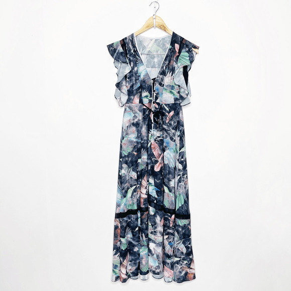 Hunter Bell Printed Harrison MIDI Floral Dress blue crepe abstract women's us 0 - Picture 1 of 9